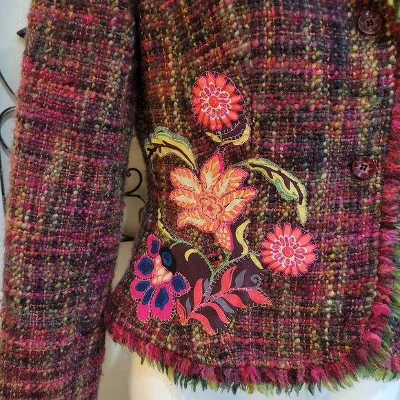 Floral Plaid Wool Blend Women's Blazer Size10 Fringe Classic Jacket - Picture 3 of 15